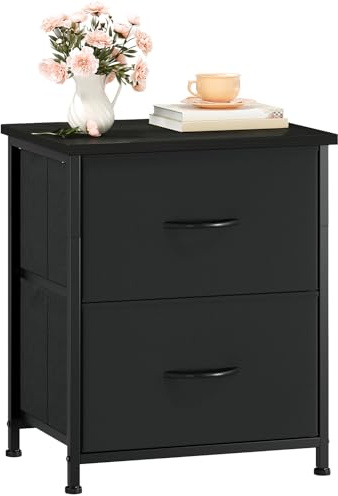 Somdot Nachttisch mit 2 Schubladen aus Stoff, Beistelltisch Schwarz mit Metallrahmen, Nachtschrank, Nachtkästchen, Kleiner Schrank für Schlafzimmer Wohnzimmer Kinderzimmer