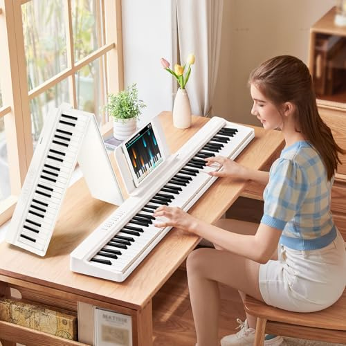 TERENCE E Piano 88 Tasten Weiß, Keyboard Piano mit Halbgewichtet, Faltbares Klavier mit Aufnahme und Bluetooth-Unterstützung, mit Pedal und 4-Einheiten-Lautsprecher, Bevorzugte Wahl für Anfänger