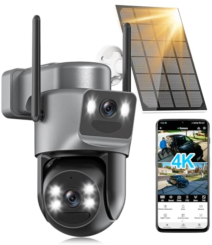 Abiso 4K Solar Security Camera Outdoor Wireless, 5GHz/2.4GHz WiFi 360° PTZ Cameras for Home Security with Dual Lens, Motion Detection, Auto Tracking, Siren, Color Night Vision, 2-Way Audio, IP66