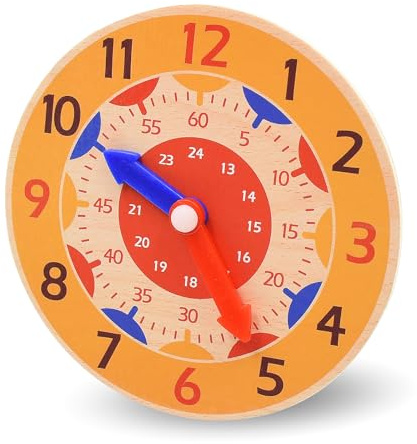 Kikuo 14 cm Reloj de Madera para Los Alumnos, Reloj de Aprendizaje para Niños Relojes de Enseñanza con manecillas de Horas y Minutos, Juguete Educativo, para Educación Familiar Preescolar (Naranja)