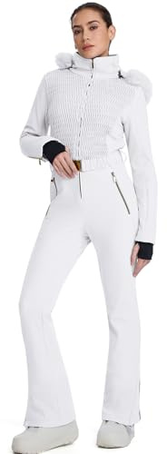 YEEFINE Women's One Piece Ski Suit Waterproof Snowsuits Insulated Snowboard Snow Suits Jacket Outfits Slim Fit Jumpsuits(White,M)
