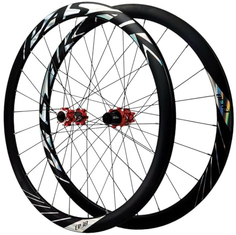 Juego De Ruedas para Bicicletas De Carretera 700C Freno De Disco Llanta De Aleación De Aluminio QR Delantera Trasera Buje 24H para Cassette De 8-12 Velocidades(Red)