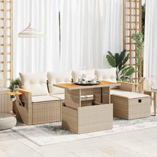Frdhee Juego de muebles de exterior para salón de jardín, 6 piezas. Juego de sofá de jardín con cojín de ratán de poli beige, grupo de asientos para jardín, terraza y balcón, fácil de mantener