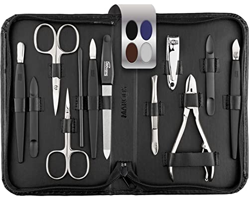 marQus Set de manicura y pedicura de 12 piezas de Solingen Alemania - Set manicura con todo lo necesario para hombre y mujer en estuche de piel auténtica color: negro