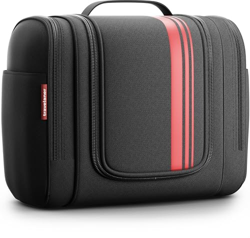 Travelaner® Kulturbeutel Design 2026, 3-in-1 Kulturtasche zum Aufhängen mit 7 Liter Stauraum für Damen und Herren, Kosmetiktasche für Reise, Große Waschtasche, Waschbeutel, Schwarz-rot