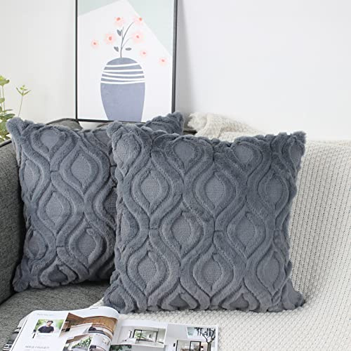 NIULAA Soft Faux Fur Cushion Covers 45x45cm Grey for Sofa Bed Set of 2 | Boho Fluffy Pillow Covers 18x18 for Living Room Bedroom Office,Velvet Back,Embroidery, Hidden Zipper,Machine Washable