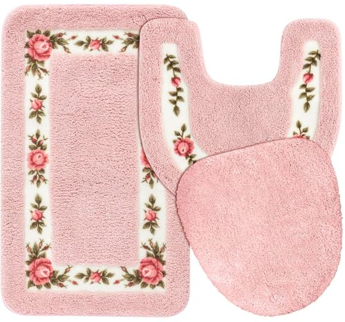 Drydiet Badezimmerteppich-Set mit Rosenblüten, 3-teilig, kokett, Raumdekoration, Blumen-Badematte, U-förmiger WC-Vorleger, rutschfest, saugfähig, Blumen-Badteppich (Rosa)