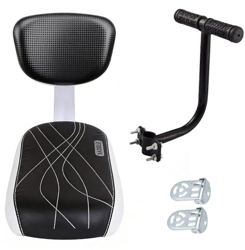 Junhui Cojín Asiento Trasero Bicicleta Universal, Silla Trasera Bici con Respaldo Acolchado, Reposabrazos y Pedales Regulables, Kit Montaje Posterior Seguro para Niños y Adultos