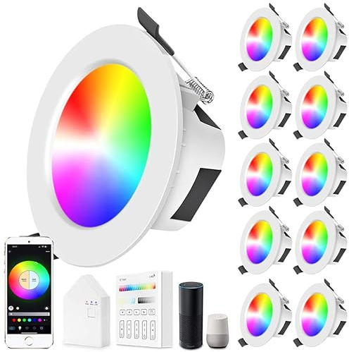 SUBOSI 10 focos LED empotrables WiFi Bluetooth 9 W RGB + blanco cálido blanco frío 5 en 1 empotrable regulable 230 V con pantalla táctil Smart Bridge
