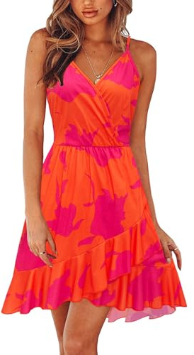 ULTRANICE Women's Summer Floral Wrap V Neck Sundress Adjustable Spaghetti Ruffle Swing Dress