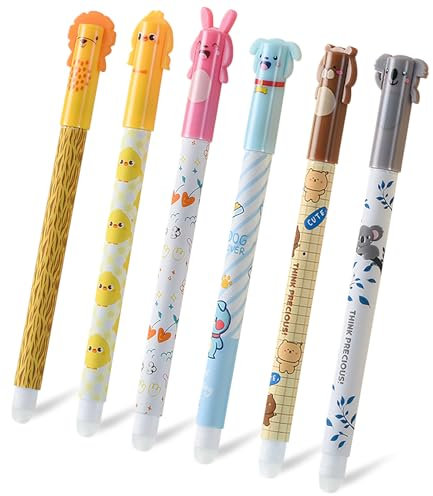 Healife 6er pack Gelstifte Radierbar-Schwarze tinte, Süße cartoon gelstifte mit 0,5mm spitze und kugel am ende für kinder, Studenten, Schule und büro, Wegradierbare stifte, Gelstifte radierbar