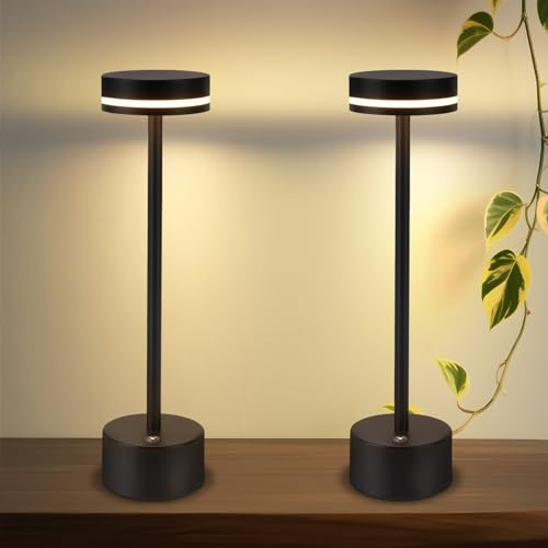 meoaow Tischlampe 2er Akku Nachttischlampe Kabellos - LED Tischleuchte Dimmbare mit USB-C Aufladbar Batterie Touch Lampe Schwarz Tischlampen für Schlafzimmer Esszimmer Büro