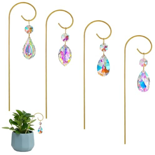 7.5'' Small Trellis for Potted Plants Indoor Accessories Decorations,4pcs | Metal Garden Plant Stakes with Colorful Crystal Sun Catcher for Mini Potted Decoration for Home Window Garden Whimsical Decor