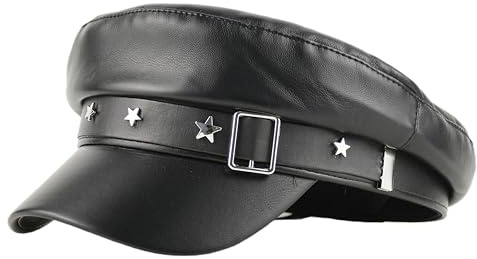 KORIXINE Black Leather Cap: Fiddler Hat Newsboy Caps for Women PU Flat Top Punk Hats with Buckle Star Autumn Sailor Hat