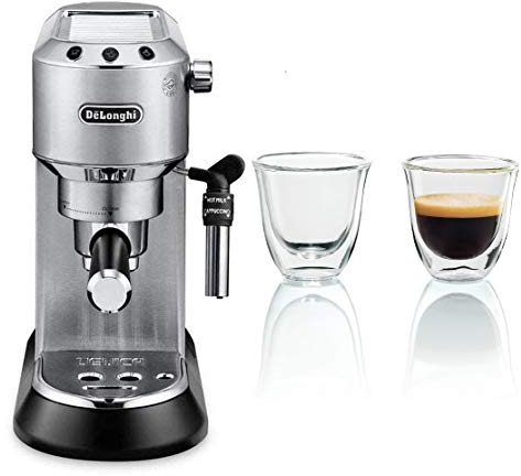 DeLonghi Dedica - Cafetera de Bomba de Acero Inoxidable para Café Molido o Monodosis, Cafetera para Espresso y Cappuccino, EC685.M, Metal + Juego de 2 vasos premium para espresso