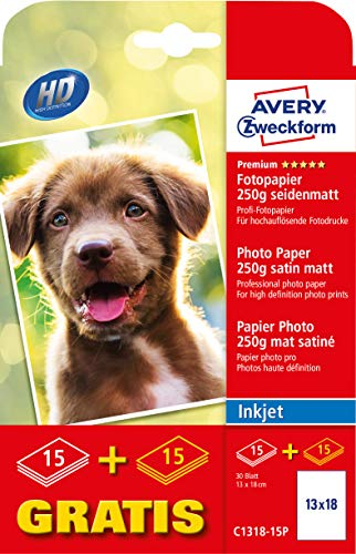 Avery Zweckform C1318-15P Premium Inkjet Fotopapier (30 Blatt, 250 g/m², Format 13x18 mm, einseitig beschichtet, seidenmatt, für Fotodrucke in High Definition, Tintenstrahldrucker, sofort trocken)