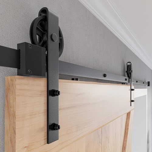 SMARTSTANDARD 8 FT Heavy Duty Sliding Barn Door Hardware Kit, 4FT - 18FT, Black, Smoothly and Quietly, Simple and Easy to Install, Fit 42- 48 Wide Door Panel (Industrial Bigwheel Hangers)