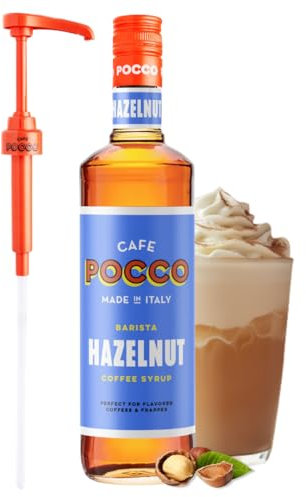 Cafe Pocco Premium Hazelnut Coffee Syrup with Pump - Gluten Free and Vegan Syrup, Ideal for Lattes, Cappuccinos, Espresso, Americano - Glass Bottle 750ml (Pack of 1)