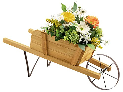 RELAX4LIFE Fioriera da Esterno a Forma di Carrello/Carriola, Decorazione da Giardino con Manico, Ruota e 9 Accessori a Calamita, Patio, Cortile e Balcone (69,5 x 26 x 29,5 cm, Naturale)