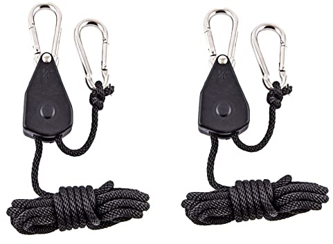 2 Pack 1/8in Heavy Duty Rope Hanger, Ttdesefu Adjustable Ratchet Plant Light Slings Buckle Tent Canopy Rope Stop Buckle Tent Guy Ropes with Pulley for Outdoor Camping Hiking（150 LB Capacity per Pair）