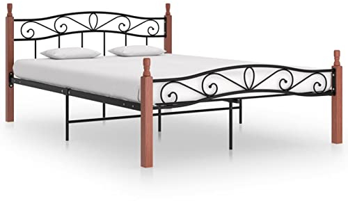 GuyAna Massivholzbett Schwarz Metall und Eiche 140x200 cm Bed Frame Bettgestell Massivholzbette Bett Holz Betten Schrankbett Bettrahmen