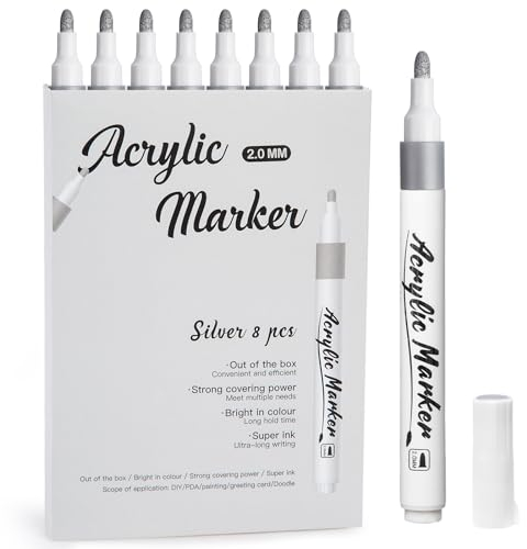 Mzh Art Acryl Silber Lackmarker, Packung Mit 8 Silber Metallic Stifte, Feine Spitze, Permanent Marker für Papier, Skizzieren, Malen, Holz, Rock, Reifen, Kunststoff, Leder, Glas, DIY Malerei
