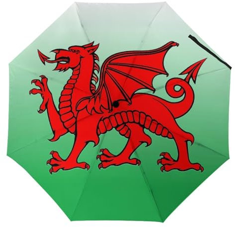 Wales Flag Welsh Dragon Travel Compact Umbrella 3 Folds Windproof Umbrellas Automatic Portable Umbrellas Automatic