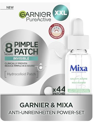 Garnier & Mixa Anti-Unreinheiten Power-Set: 8h Pickel Patches aus Hydrocolloid für sofortige Linderung + Anti-Unreinheiten Serum mit Niacinamid für verfeinerte Poren und ein ebenmäßigeres Hautbild