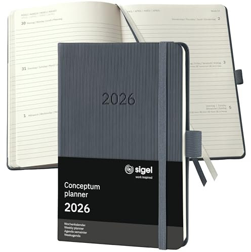 SIGEL C2667 Wochenplaner Wochenkalender 2026, ca. A6, dunkelgrau, Hardcover, 176 Seiten, Gummiband, Stiftschlaufe, Archivtasche, aus nachhaltigem Papier, Kalenderbuch Conceptum