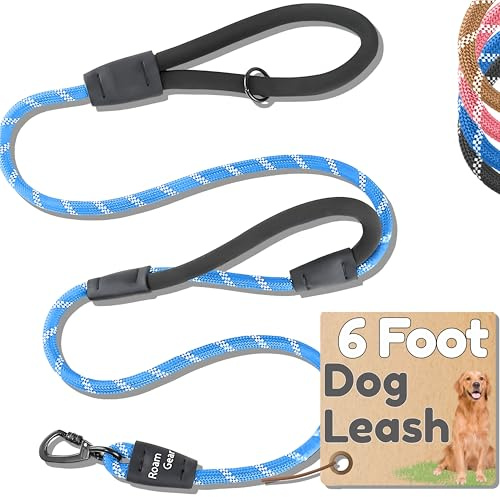 6 Foot Dog Leash, Two Extra Padded Handles, Locking Carabiner Clip, Reflective for Night Visibility, Weatherproof, Heavy Duty Rope Leash, Roam Gear (Blue)