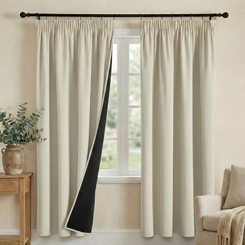 PONY DANCE 100% Blackout Curtains for Kids Bedroom - Rod Pocket Thermal Insulated Drapes, Pencil Pleat Full Blackout Drapes 2 Panels for Living Room with Black Liner, 52 x 72 Inch, Light Beige