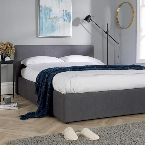 Home Source Upholstered Fabric Side Lift Ottoman Bed – 5ft King Size Storage Bed with Headboard & Sprung Slatted Base – Modern Contemporary Style with Hidden Storage