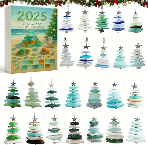 Calendrier De L'Avent En Verre De Mer,24 Mini Sapins En Verre De Mer Naturel, 24 Jours Calendrier à Rebours Avec Ornements D'Arbre De Noël Miniatures,Fait à La Main,Décoration De Noël