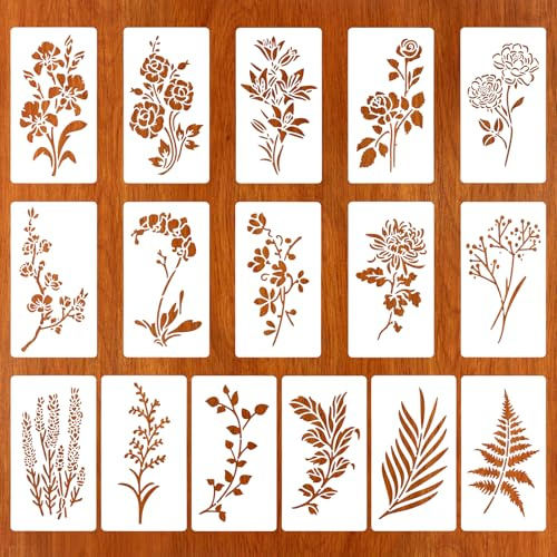 MWOOT 16 Piezas Plantillas de Flores para Pintar, Plantilla de Dibujo Reutilizables para Manualidades, Stencil Plantillas Hojas Flores para Pintura Sobre Lienzo Scrapbooking Paredes Muebles