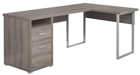 Monarch Specialties I 7255 Computer Desk, Home Office, Corner, Left, Right Set-up, Storage Drawers, 80L, L Shape, Work, Laptop, Metal, Laminate, Brown, Grey