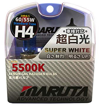MARUTA SUPER WHITE H4 60/55W Halogenlampe für Abblendlicht, Fernlicht, 5500K Xenon-Effekt, langlebige hochwertige Xenon-Gas Quarzglas Birne, ECE Prüfzeichen - designed in Japan!