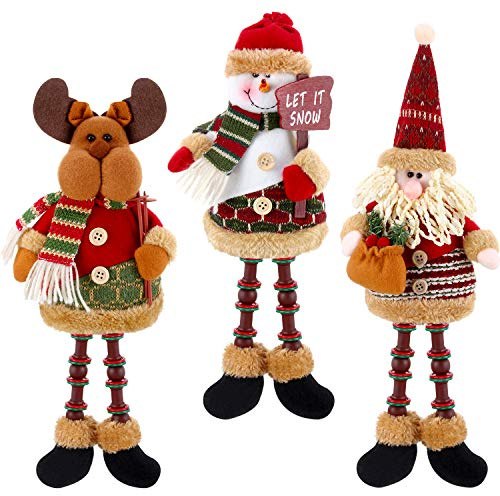 3 Pieces Christmas Sitting Santa Claus Snowman Reindeer Christmas Ornament Long Legs Table Fireplace Decor Home Decoration Christmas Figurines Plush (Santa Claus, Snowman, Elk)