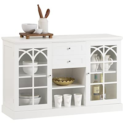 SoBuy FSB79-W Sideboard mit 2 Glastüren und 2 Schubladen Küchenschrank Kommode Schrank Flurschrank Buffet Aufbewahrungsschrank weiß BHT ca.: 120x78x39cm