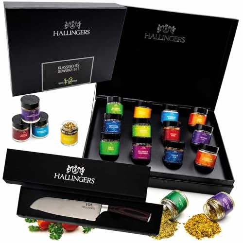 Hallingers Genuss Manufaktur Gewürze Geschenkset mit Santoku-Messer – 12 Premium Gewürze in Glas, edle Geschenkbox zum Kochen & Grillen, Gourmet Geschenk für Männer & Frauen zu Geburtstag Weihnachten