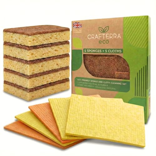 Washing up Dish sponge & cleaning cloth bathroom eco sponges & Cloths. Biodegradable Cellulose & Copper Infused Sisal Sponge & highly absorbent cloth. Vegan dishes Scrubbers Kitchen Accessories.5+5PC