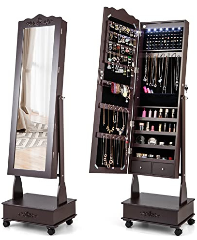 RELAX4LIFE Armoire à Bijoux sur Pied à Roulettes avec Miroir Pleine Longueur, Armoire Bijoux Mobile avec Grand Tiroir, Miroir avec Rangement Bijoux pour Dressing Chambre (Marron)