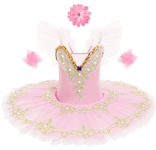 IBTOM CASTLE Maillot Ballet Niña Pluma Bordada Disfraz Bailarina Tutu Princesa Elegante Mallot Patinaje Artistico Competicion Niña Rosa 3 Piezas 4-5 Años