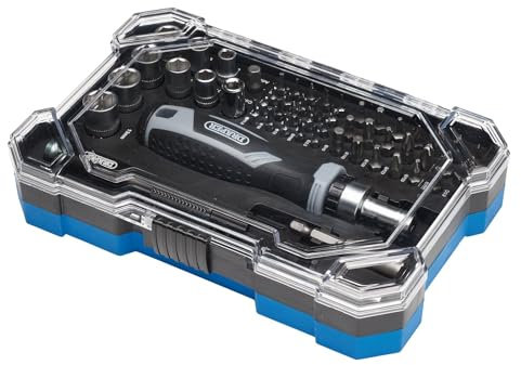 Draper 55pc Soft Grip Ratchet Screwdriver and Bit Set - 13442 - Precision Holder and Bit Set, Magnetic Tips for Quick Change, HI-TORQ sockets (6-13mm)