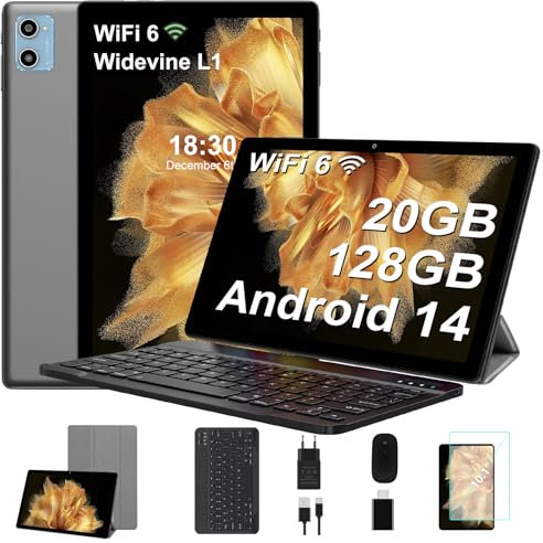 SUAAT Newest 2025 Tablet 10 Pulgadas Android 14, 20GB RAM+128GB ROM/1TB TF, 8-Core, Widevine L1/WiFi 6/Bluetooth 5.0/6000mAh/GMS Certified/8MP+5MP/Tablet PC con Funda, Teclado y Ratón, Gris
