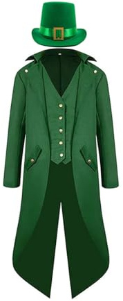 cultofmoon Manteau vintage vert steampunk pour homme - Costume de fête de la Saint-Patrick - Veste de frack - Chapeau irlandais - Costume de cosplay - Chapeau cylindrique
