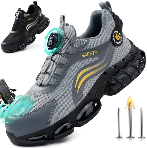 GUSAYEX Safety Trainers Mens Womens Breathable Steel Toe Cap Trainers with Rotary Buckle Lightweight Comfortable Air Cushion Safety Shoes Puncture Proof Work Shoes