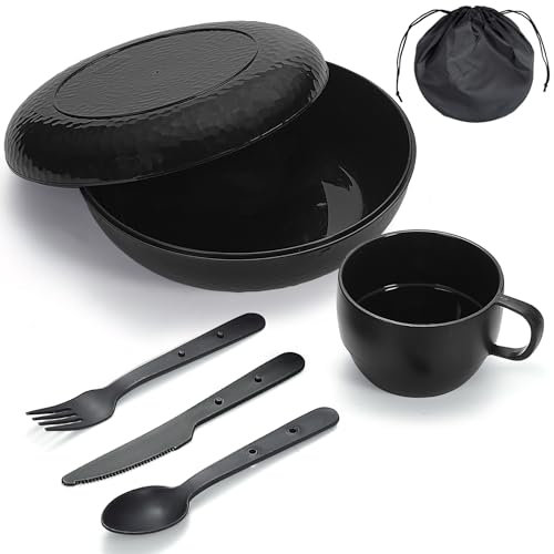 Berglander Camping Mess Set mit Schüssel, Teller, Tasse, Löffel, Gabel, Messer und Tragetasche, Campingzubehör Ausrüstung für Reisen, Picknick, einfach zu transportieren und zu reinigen (Schwarz)