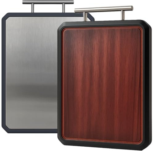 Wood and Stainless Steel Chopping Board 38x23cm – Double-Sided Cutting Board for Meat and Vegetables – Non-Slip Kitchen Carving Board with Juice Groove