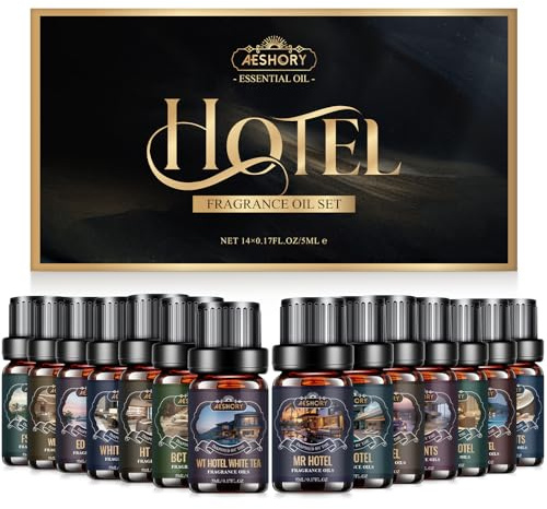 AESHORY Set Huiles Parfumées Hôtel 14x5ML, Huiles Parfums de Luxe Aromathérapie d'hôtels les Plus Populaires, Huiles Essentielles Aromathérapie pour Diffuseurs, Humidificateur, Bougies & Parfums DIY