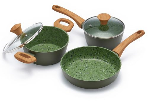 Jovire Small Non-Stick Frying Set, Frying pan & Saucepan with Lid,Ceramic Coated PFOA PTFE Free, Compatible with All Stovetops Including Induction (Green, 5-pcs 24cm)